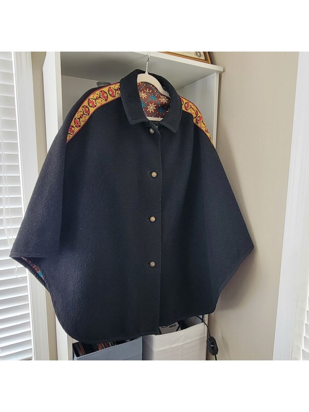 Black Wool Cape Poncho Shawl #2884